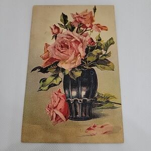Vintage Victorian Valentines Day Greeting Card Flowers In Vase